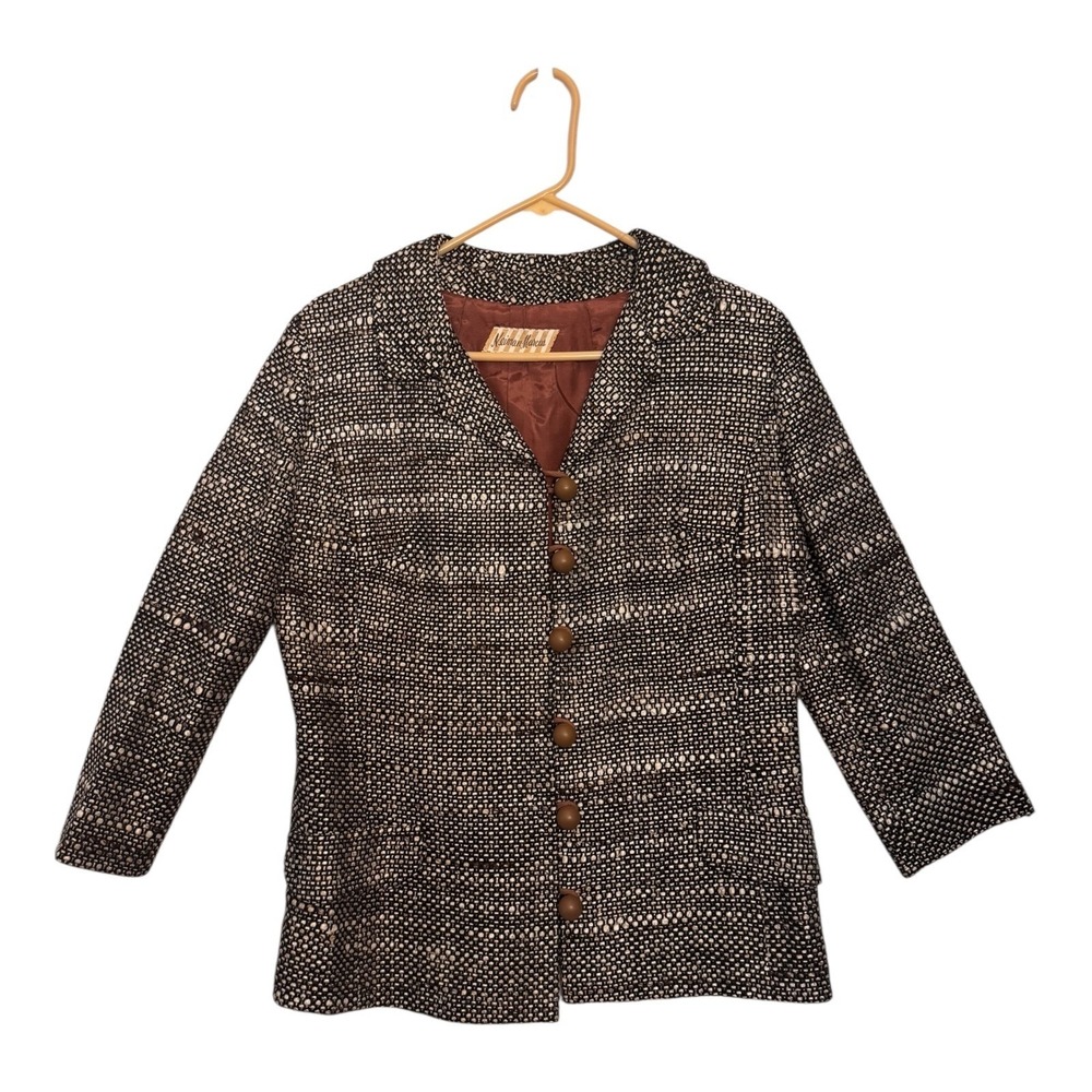 Vintage Neiman Marcus Womens Medium Tweed Blazer Jacket Black White Tan 6 Button